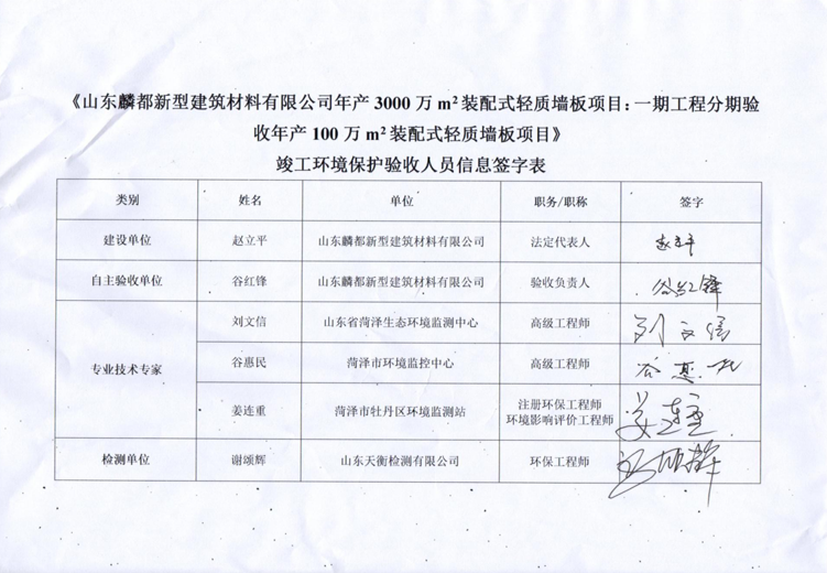 山东麟都新型建筑材料有限公司年产3000万m2装配式轻质墙板项目：一期工程分期年产100万m2装配式轻质墙板项目    竣工环境保护验收意见